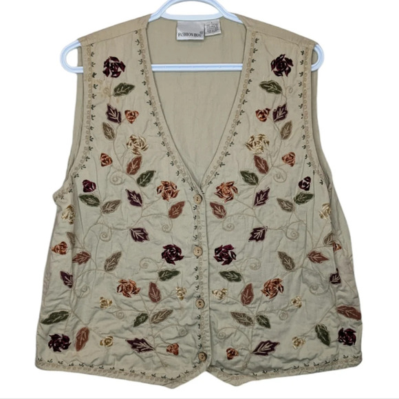 Vintage 90s Cream Khaki Button Front Embroidered Velvet Floral Fall Vest Women L - Picture 1 of 9